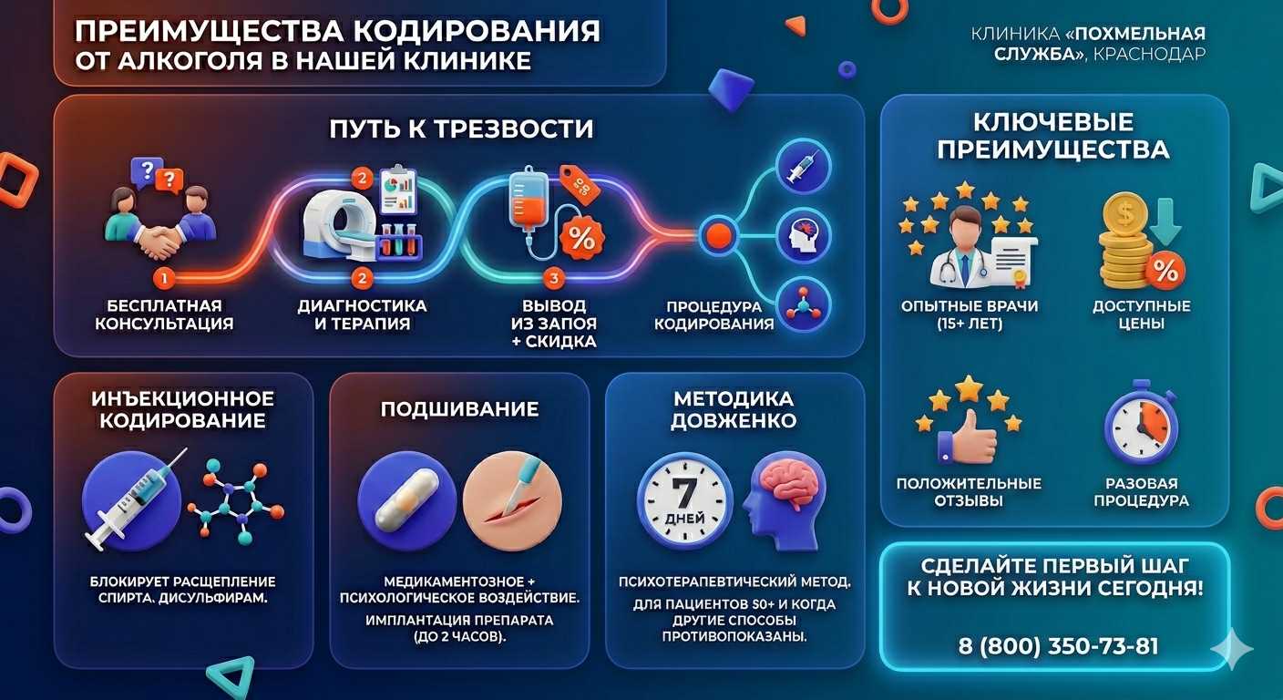 Инфографика о методах кодирования от алкоголя в Медвежьегорске: инъекции, подшивание, метод Довженко. Преимущества клиники и этапы лечения.