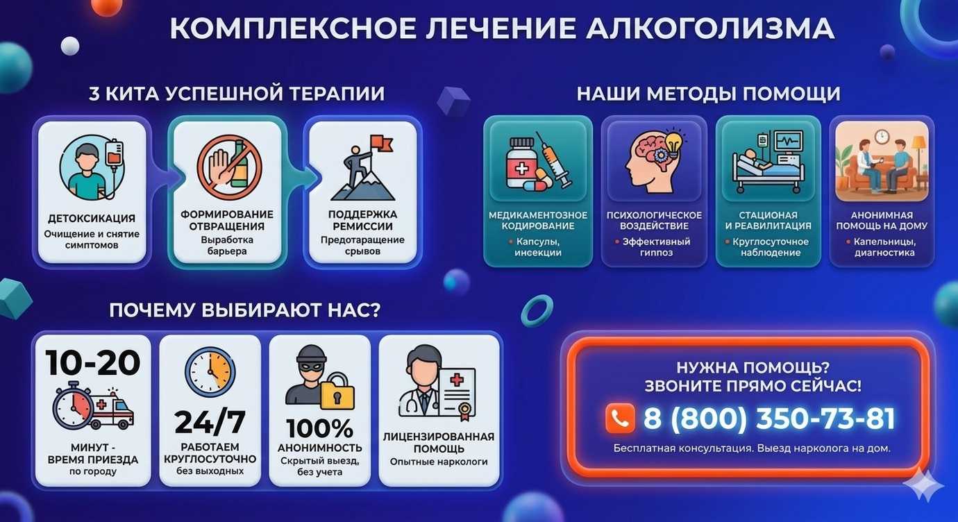 Инфографика о методах лечения алкоголизма в Медвежьегорске: детоксикация, кодирование и анонимная помощь на дому от клиники Похмельная служба.